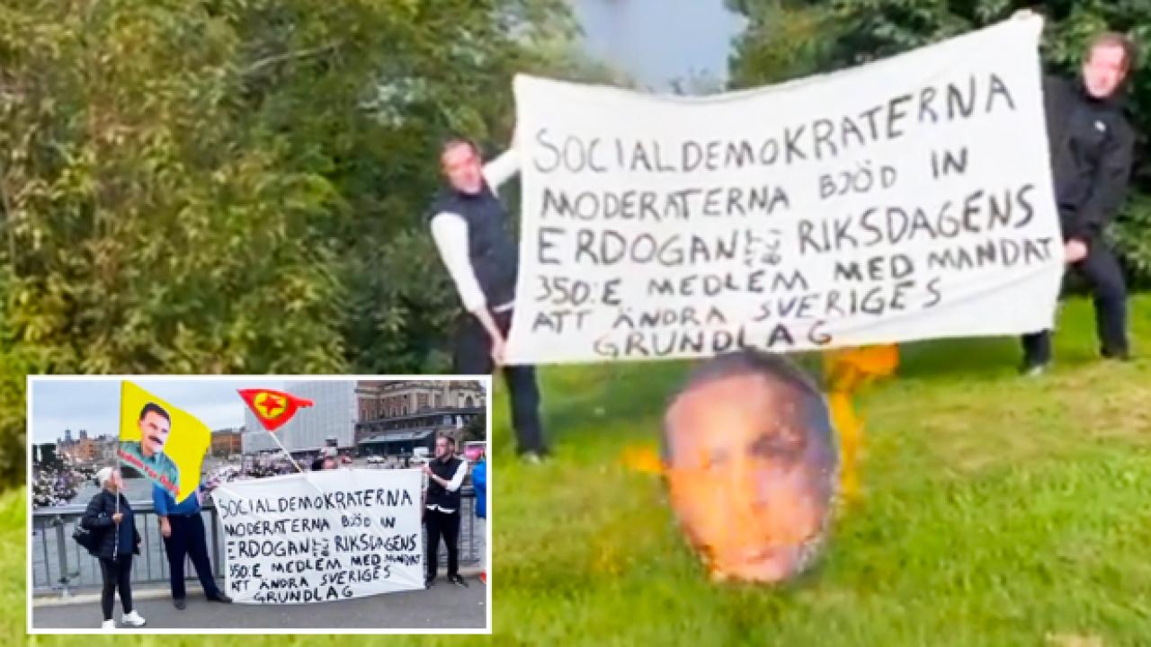 PKK yandaşları İsveç’te Erdoğan maketi yaktı, polis izledi